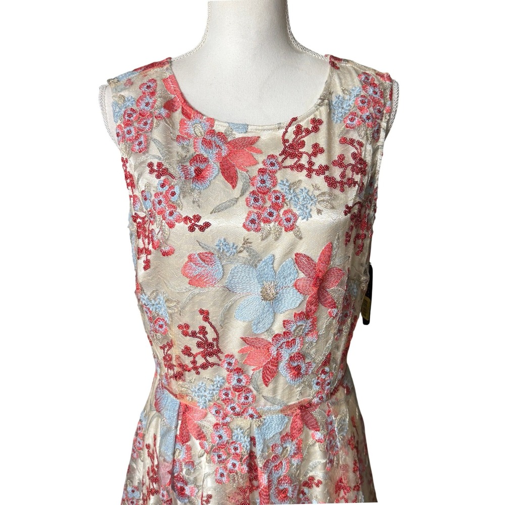 Tahari Floral Sequin Embroidered Dress Sand Scarlet Sky 10 Wedding Cocktail‎ NWT - Picture 6 of 16